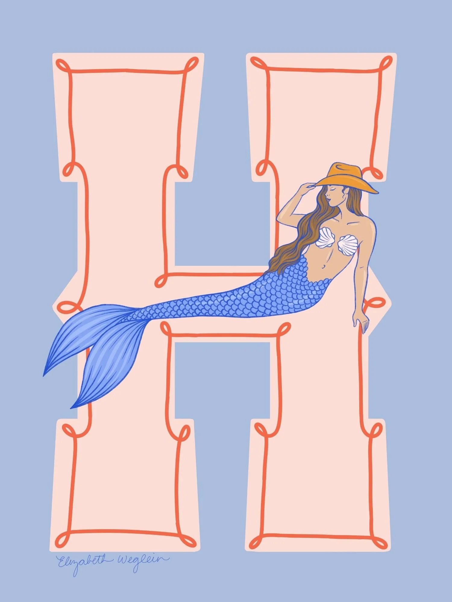 Western letter H with a mermaid in a cowboy hat