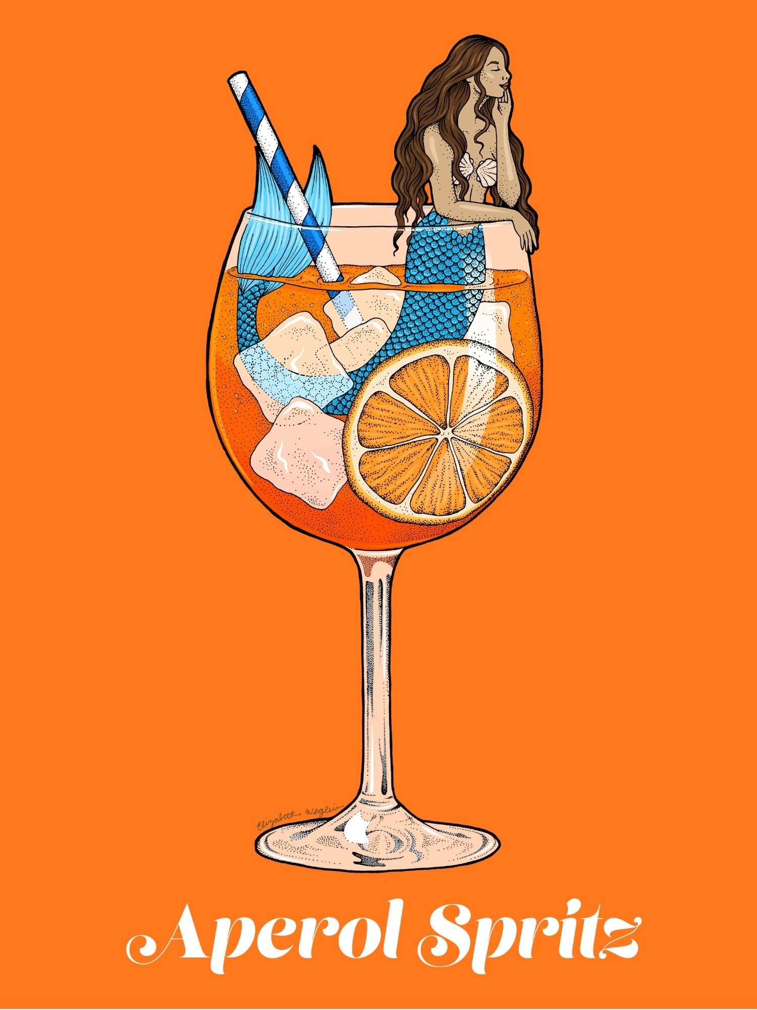 Illustration of a mermaid relaxing in an aperol spritz