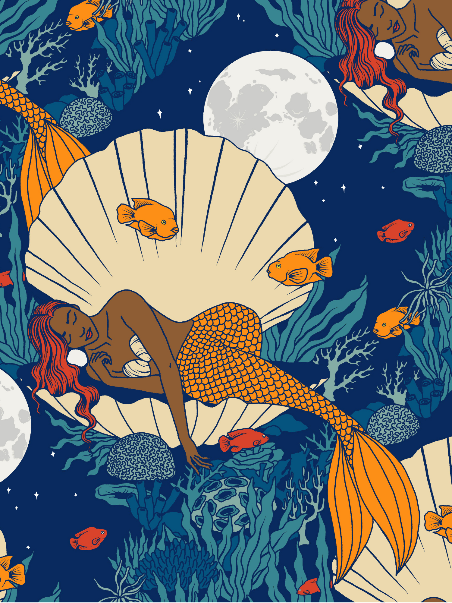 Illustrated pattern of a mermaid sleeping in a clamshell surrounded by fish and the full moon