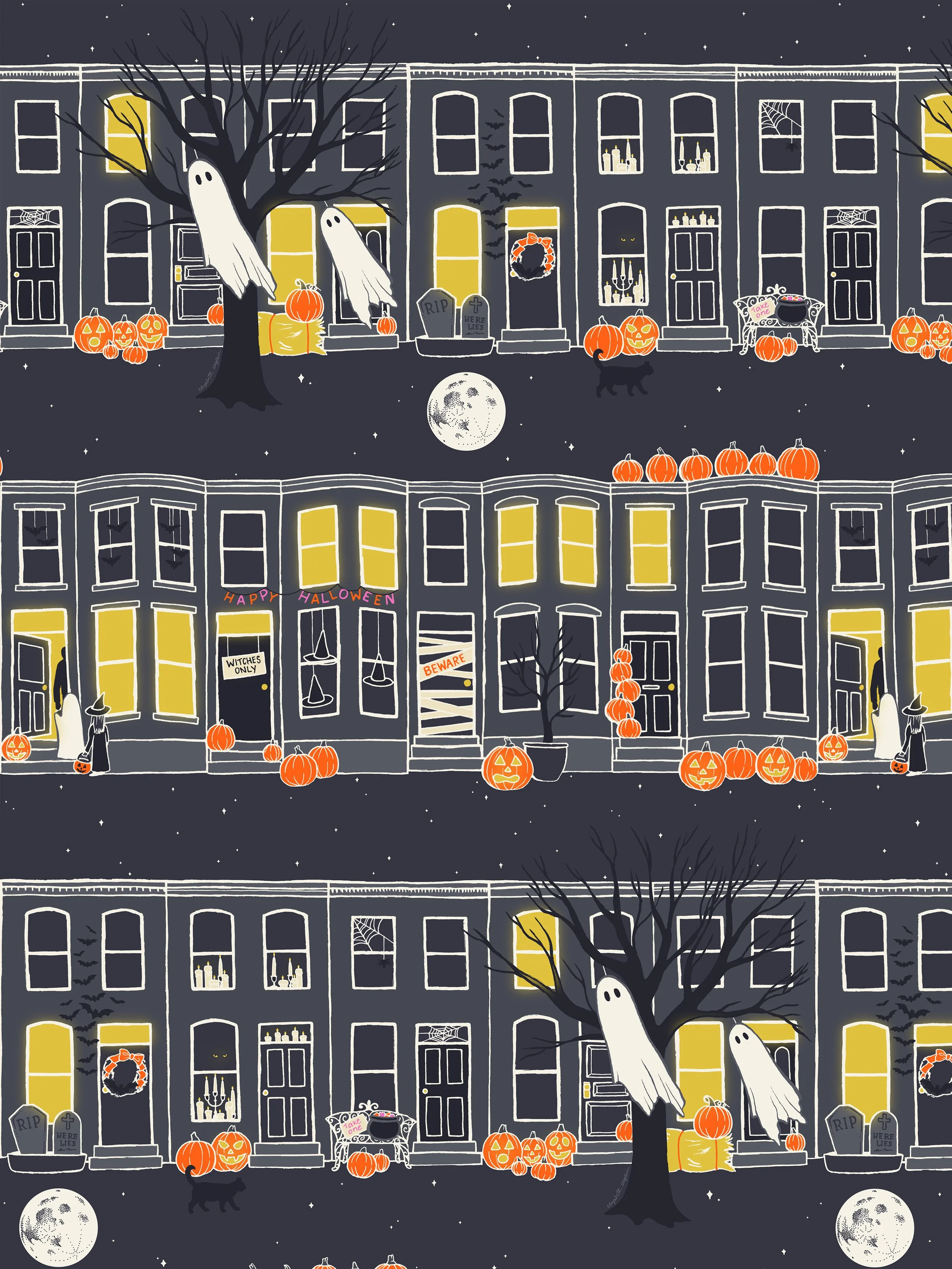 Repeat pattern of rowhouses decorated for Halloween