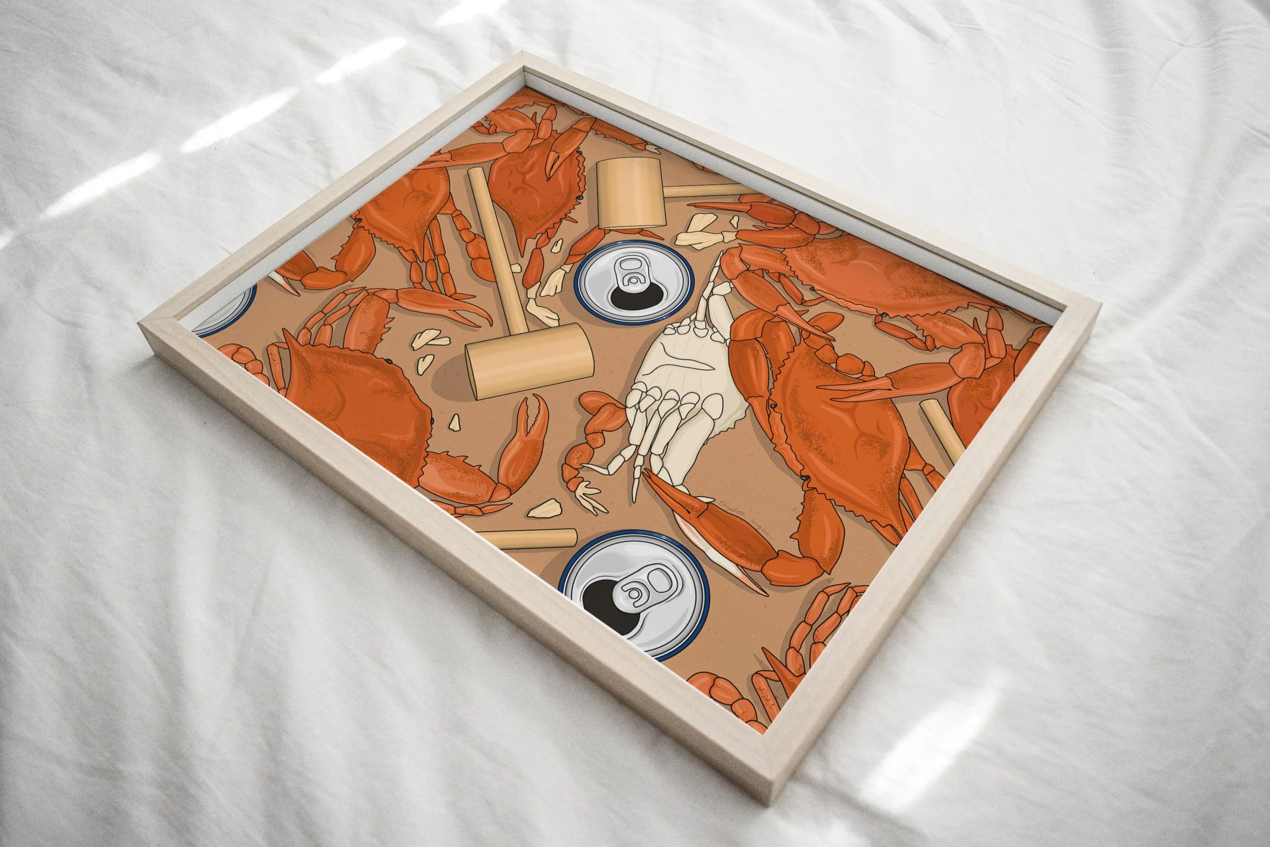 Illustrated art print of a traditional feast of Maryland steamed blue crabs with crab mallets and beer cans