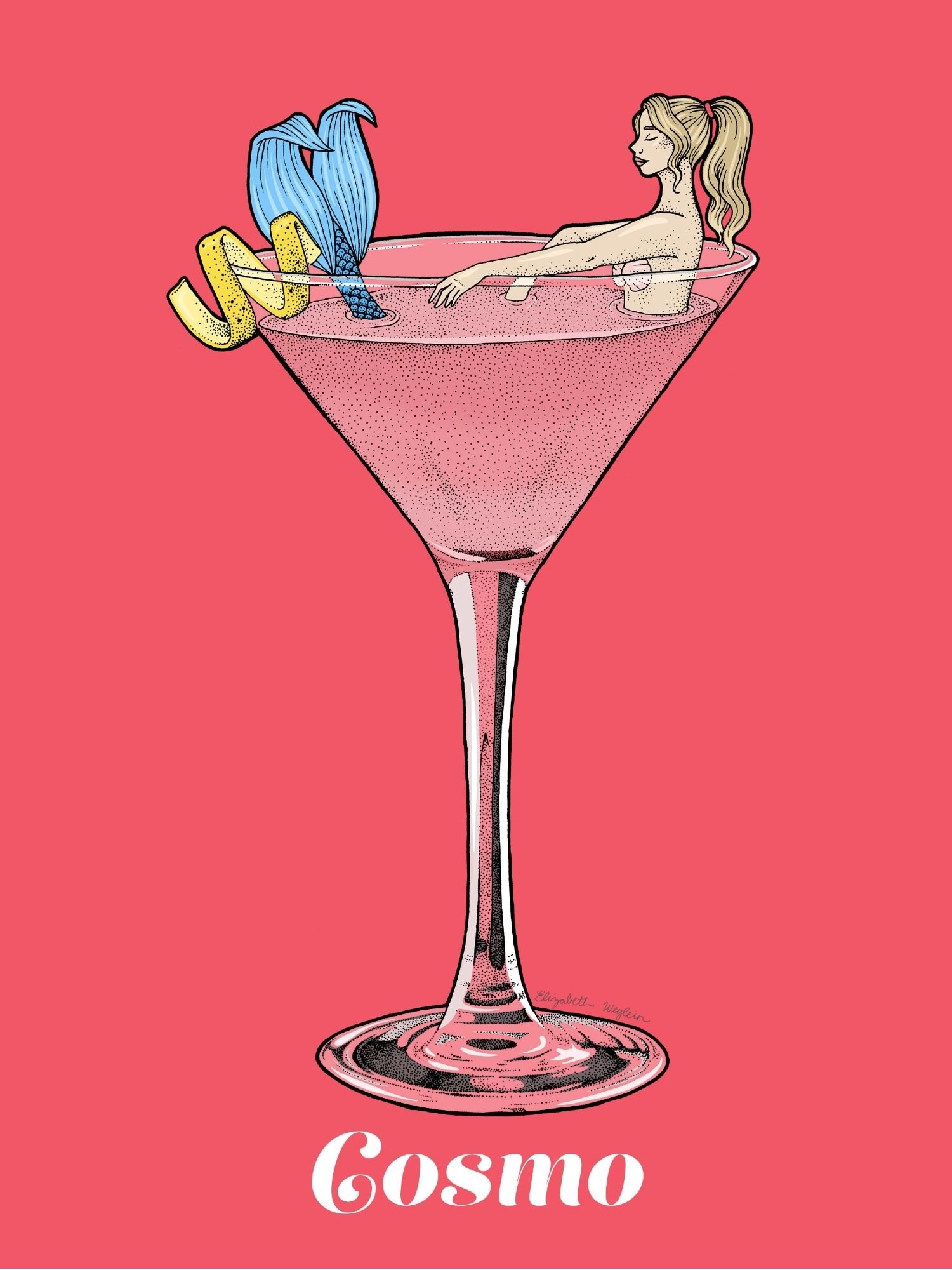 Illustration of a mermaid relaxing in a cosmo