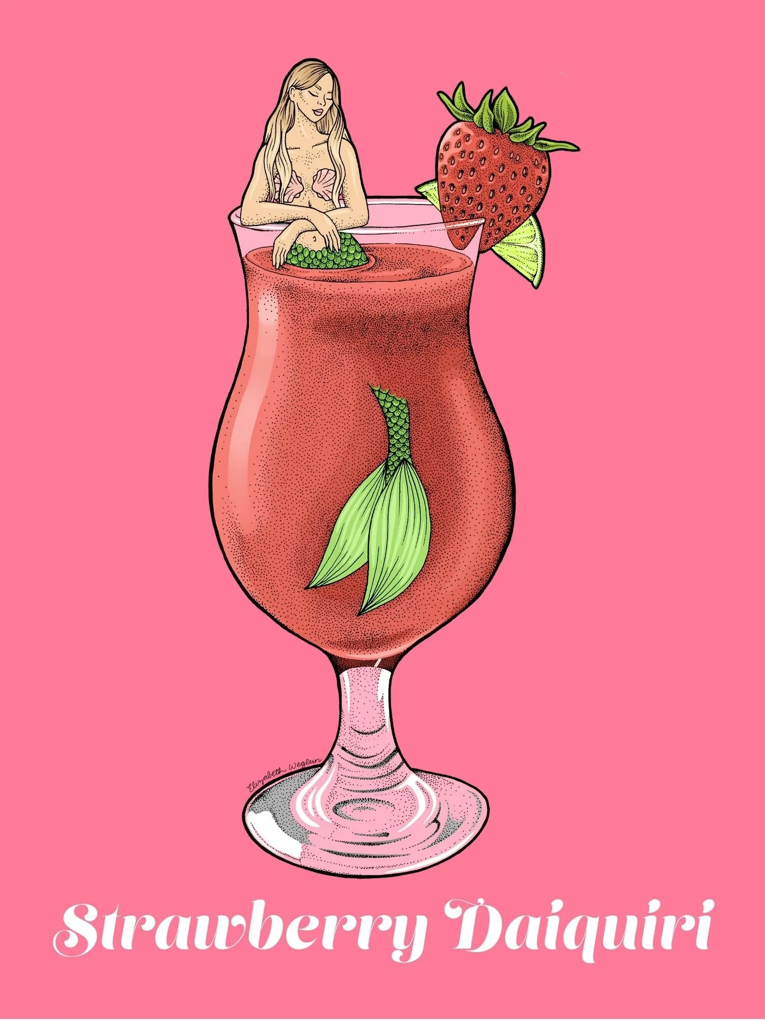 Illustration of a mermaid relaxing in a strawberry daiquiri