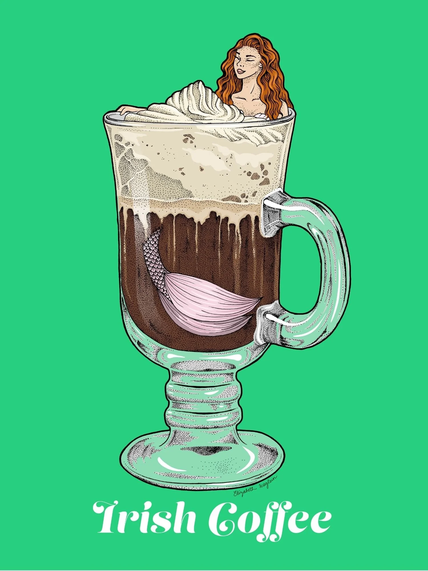 Illustration of a mermaid relaxing in an Irish coffee