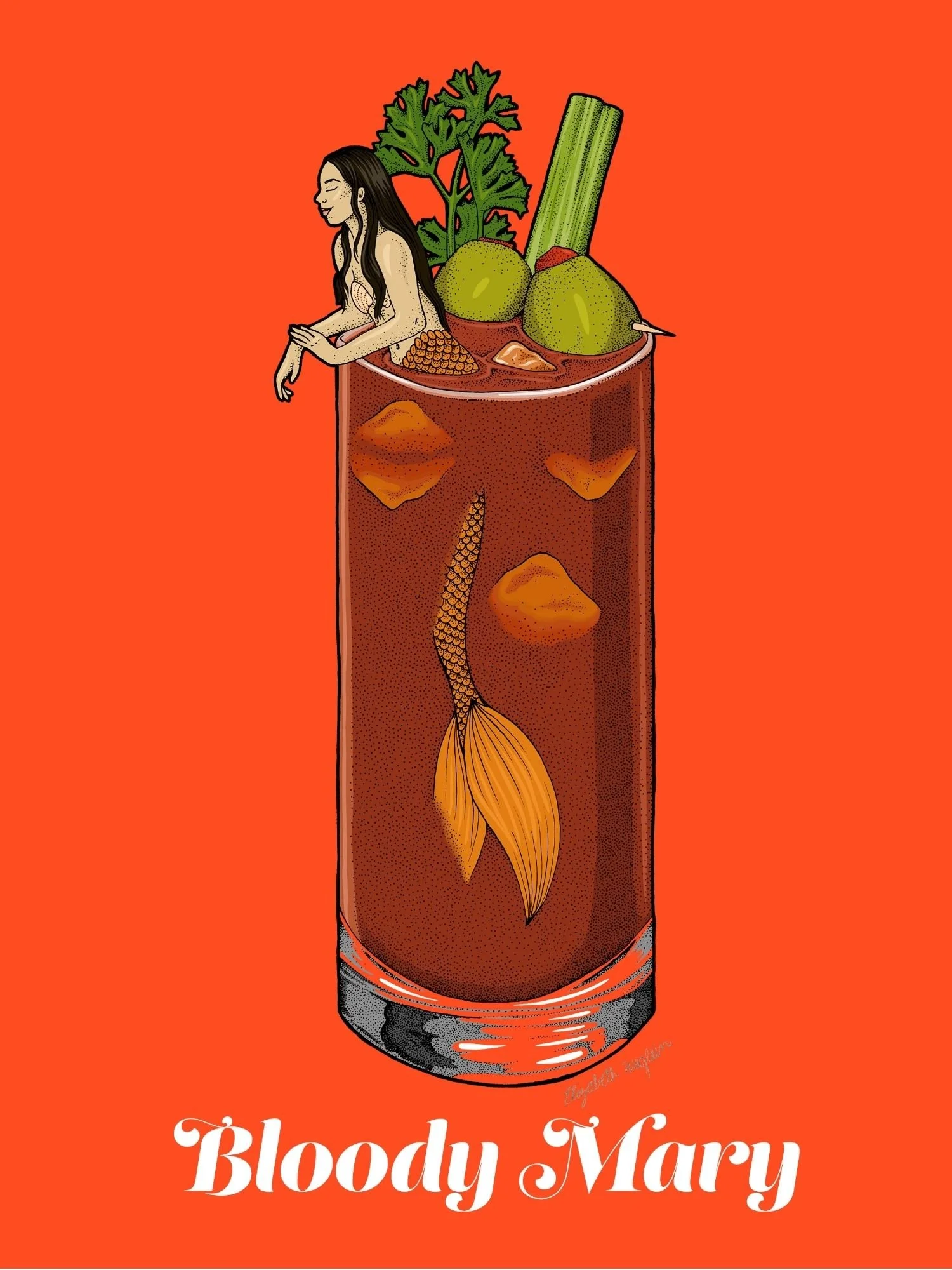 Illustration of a mermaid relaxing in a bloody mary