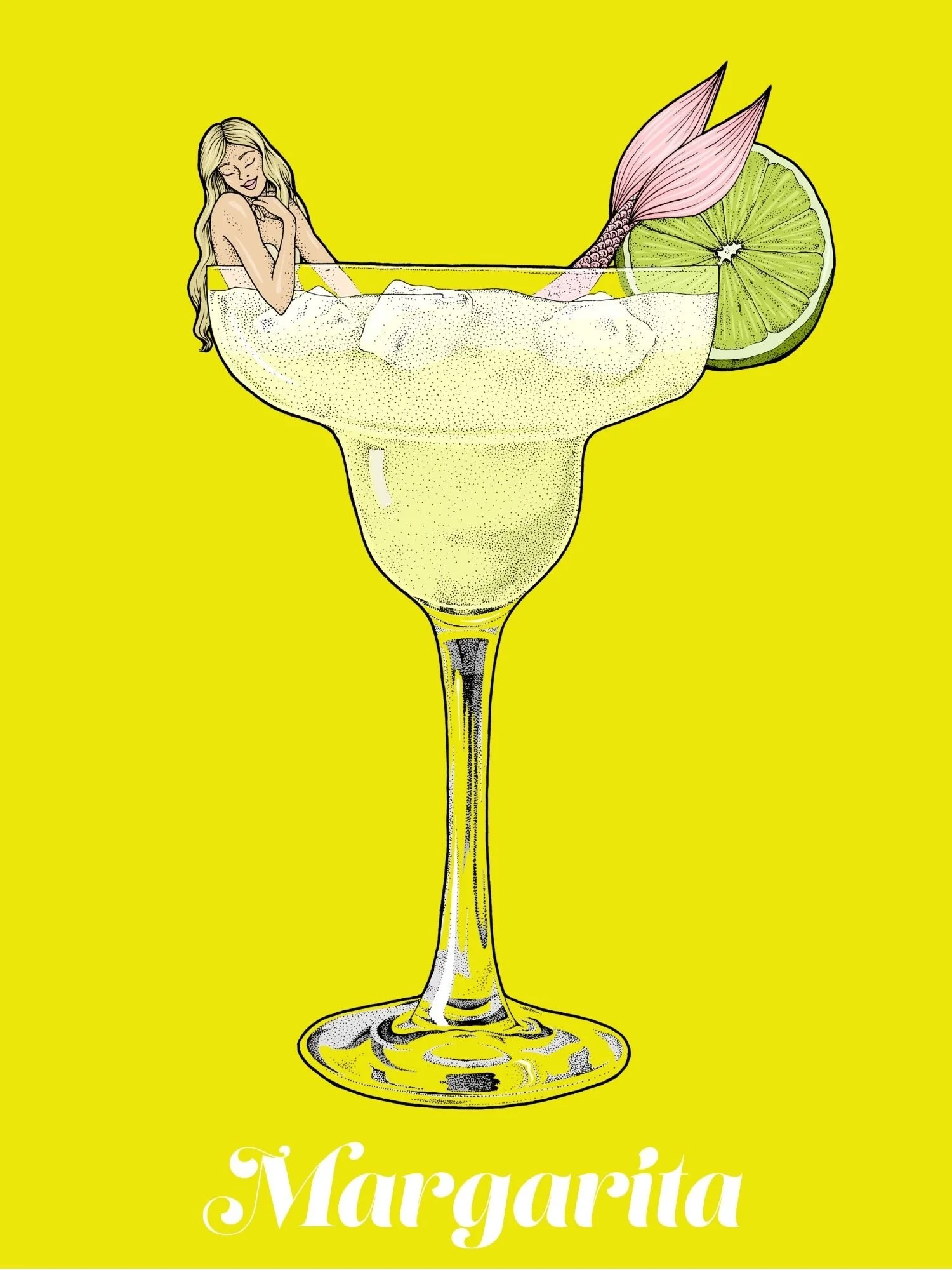 Illustration of a mermaid relaxing in a margarita