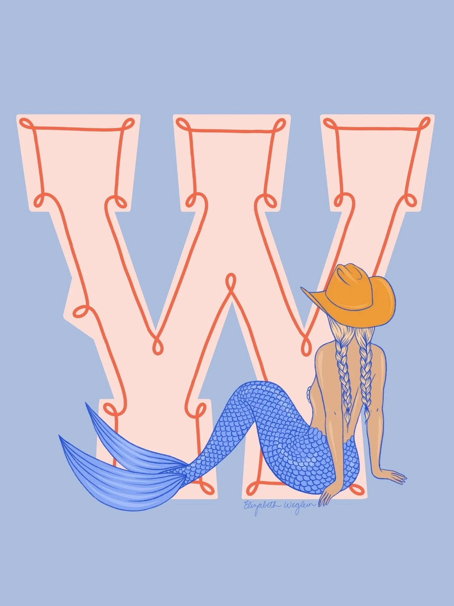 Western letter W with a mermaid in a cowboy hat