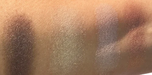 Eyeshadow Swatches: L-R: dark brown, pearl gold, silvery shimmer, and champagne gold