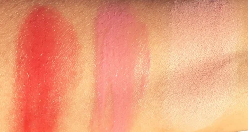 Lip and Cheek Swatches: L-R: Pure Red, Light Pink (lipsticks) and Powder blush in Doux Corail.