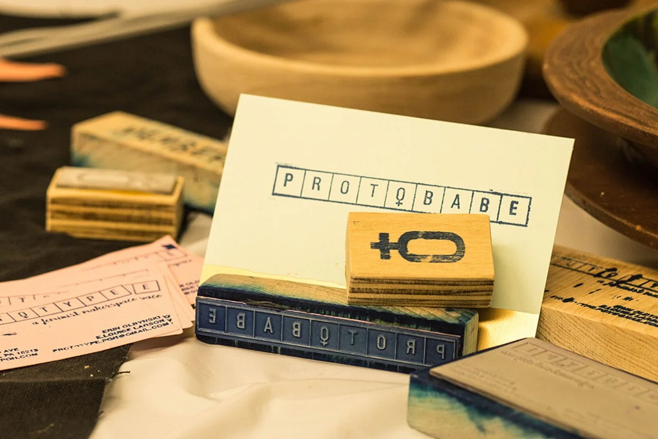 Stamps for business cards, letterhead, and branding, 2017; Illustrator, laser cutter, rubber, wood, ink; Photo by PittNews; various sizes; Pittsburgh, PA