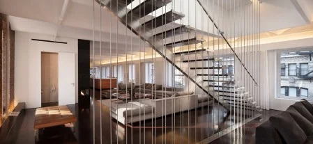open-plan-broadway-loft-also-chrome-steal-balustrade-as-well-as-hanging-staircase-ideas-plus-modern-living-room-idae-and-brown-leather-bench-sofa-location-1434375205.jpg