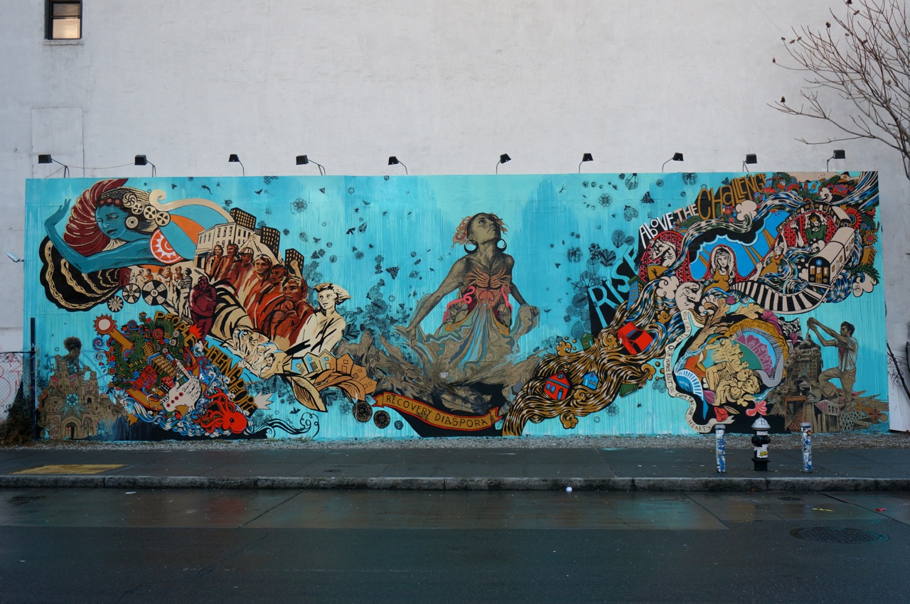 Sea goddess Thalassa at the centerpiece of Swoon's 2013 piece for the Goldman family's Bowery Mural Wall, which reacted to the local devastation of Hurricane Sandy. 