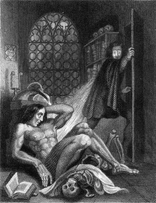 Incisione di Theodore von Holst per il frontespizio dell'edizione di Frankenstein del 1831.