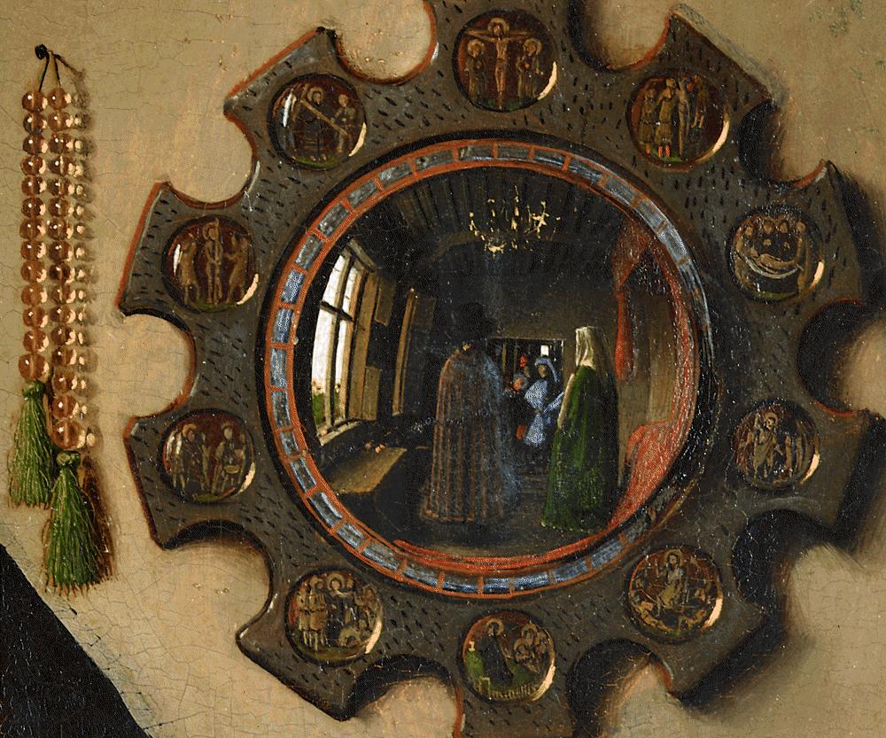 Jan van Eyck, 1434, Ritratto dei coniugi Arnolfini , dettaglio: i testimoni sono visibili nello specchio; fra loro l'autore.