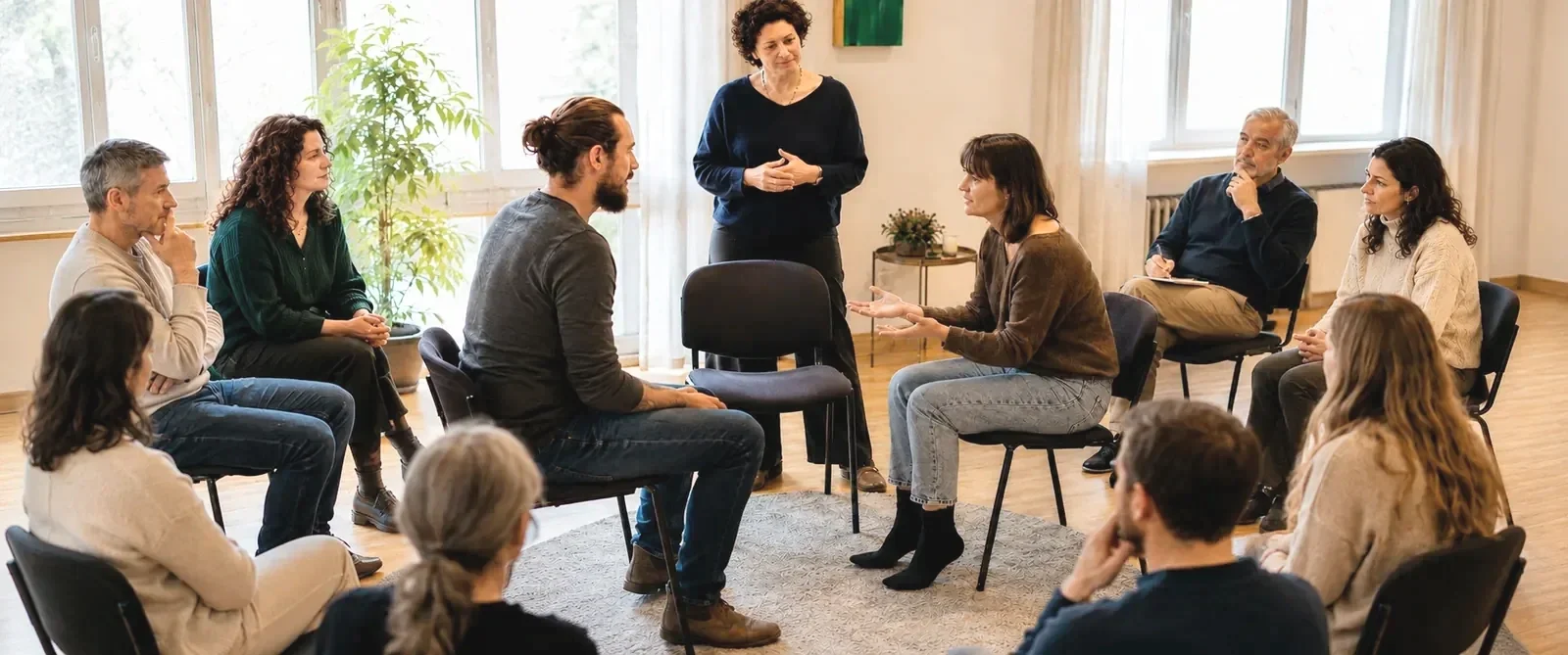 Gruppe von Menschen im Stuhlkreis in einem hellen Raum