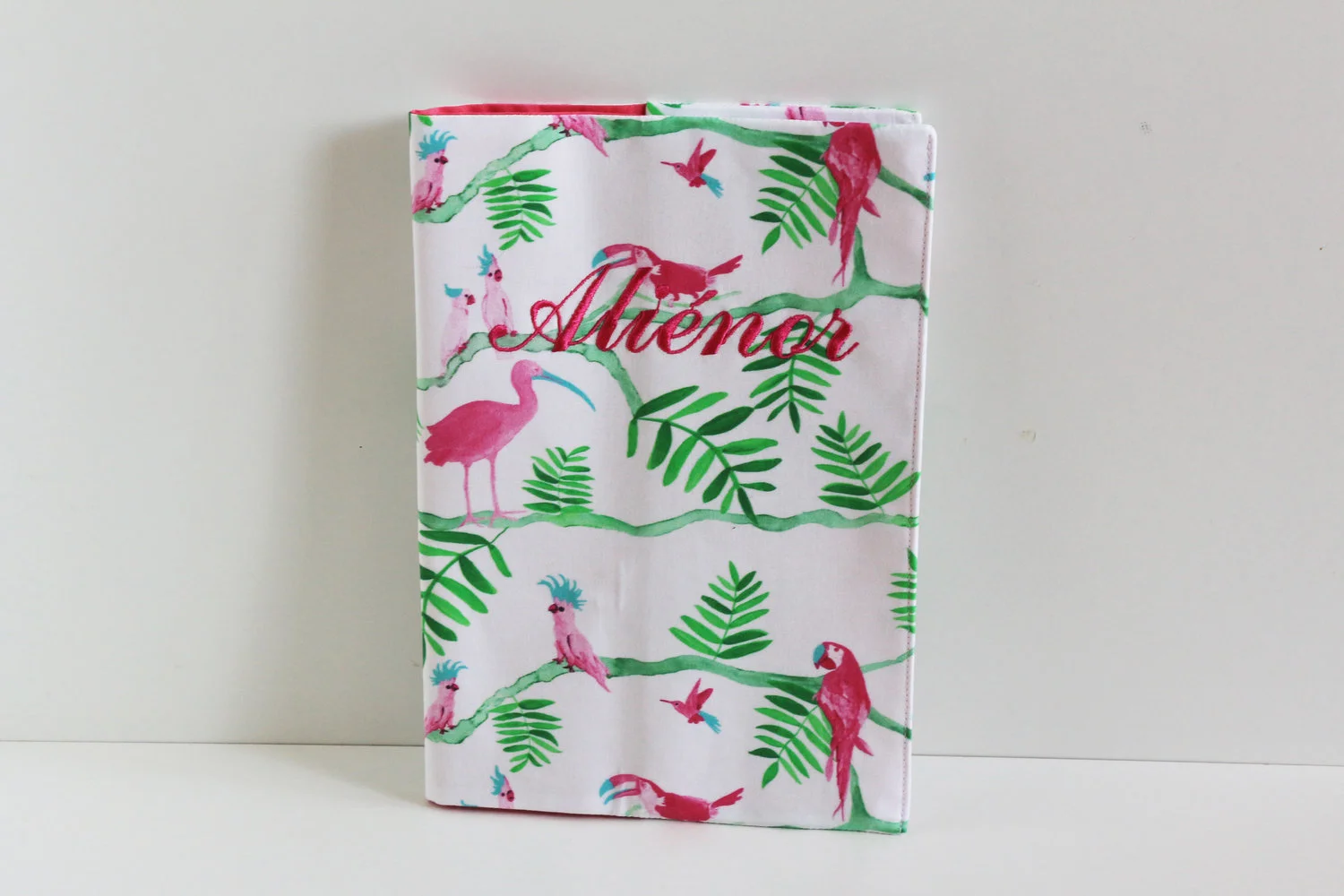 Health_Book_Cover_green_pink_exotic_birds_Personalized_embroidery_.jpg