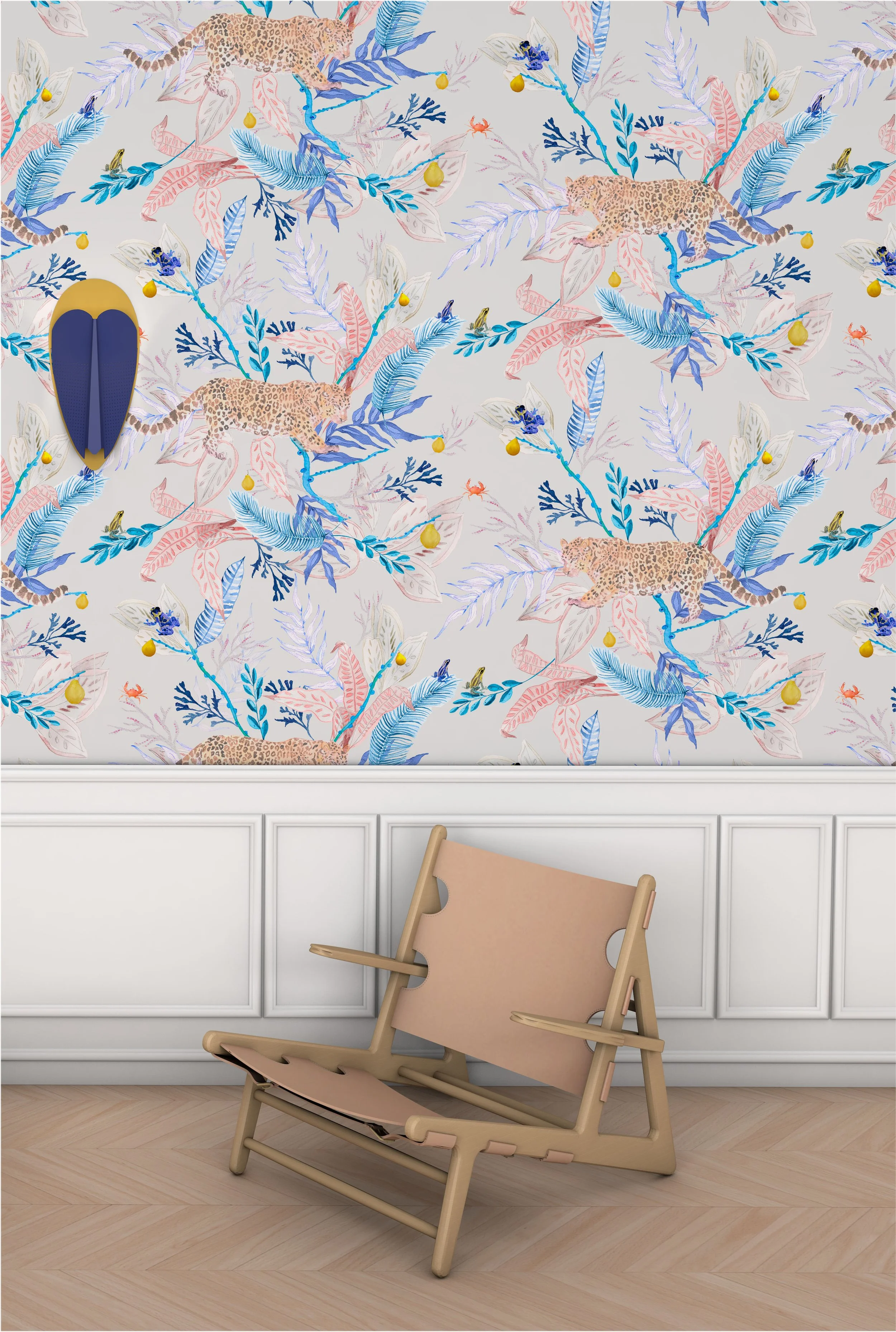 Tropical Jaguar and Leopard Pattern Wallpaper - Coral and Blue Jungle Design - Orilla Kariokas.jpg