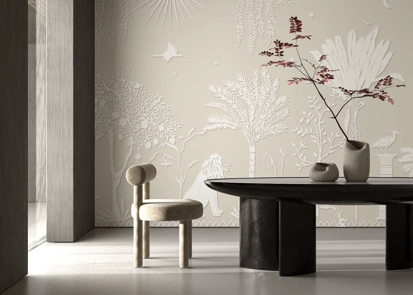 Nilo, our embossed wallpaper inspired by the timeless landscapes of the Nile, is available in three carefully curated colourways.

Each shade offers a different atmosphere, playing with light, relief, and depth, to adapt to a wide range of interior s