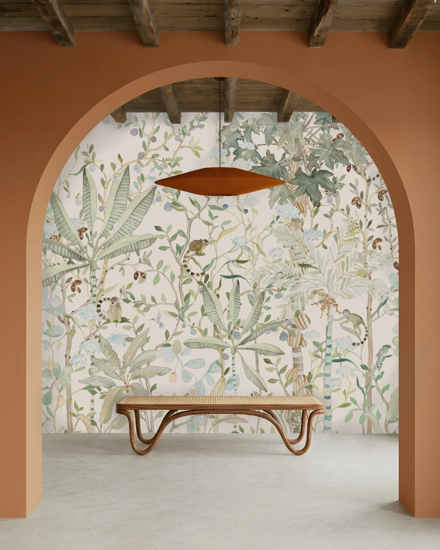 Deep in the Atlantic Forest on the souther Brazilian coast, where hibiscus bloom between mango trees and monkeys disappear into a curtain of leaves,  this is where Tropicalia lives.
A panoramic wallpaper that brings the joy of the Brazilian jungle in