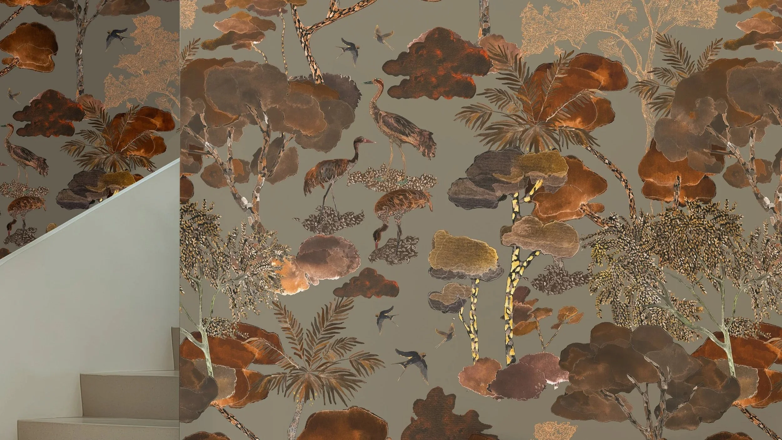 Birds cranes wallpaper brown copper tobacco chesnut