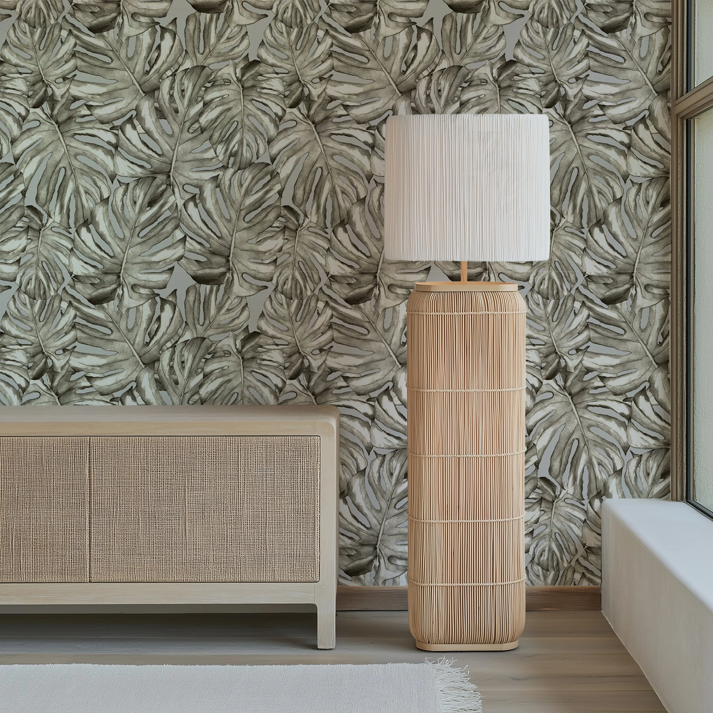 JARDIM BOTANICO_Kariokas_Wallpaper_Grey_Tropical_Leaves_Living_Room.jpg