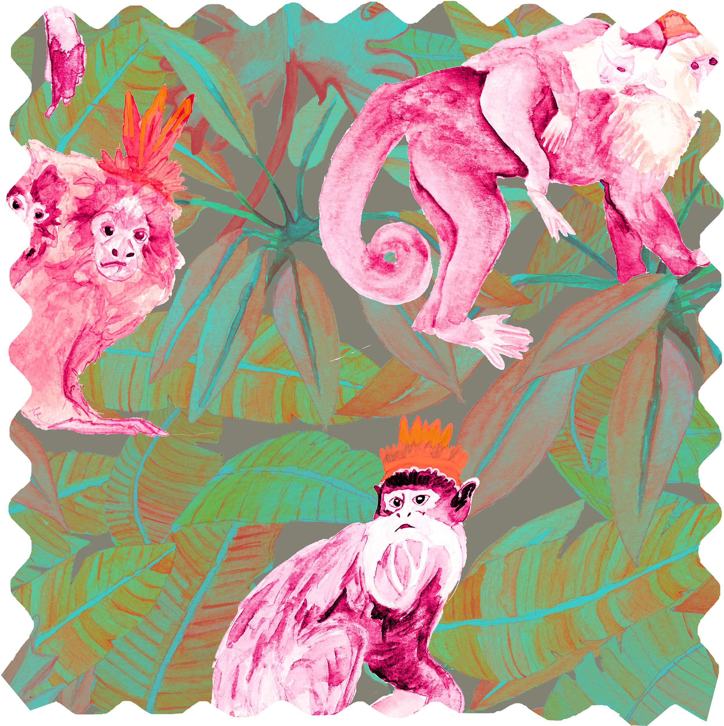 Tribu Fabric - Pink & Green Monkeys