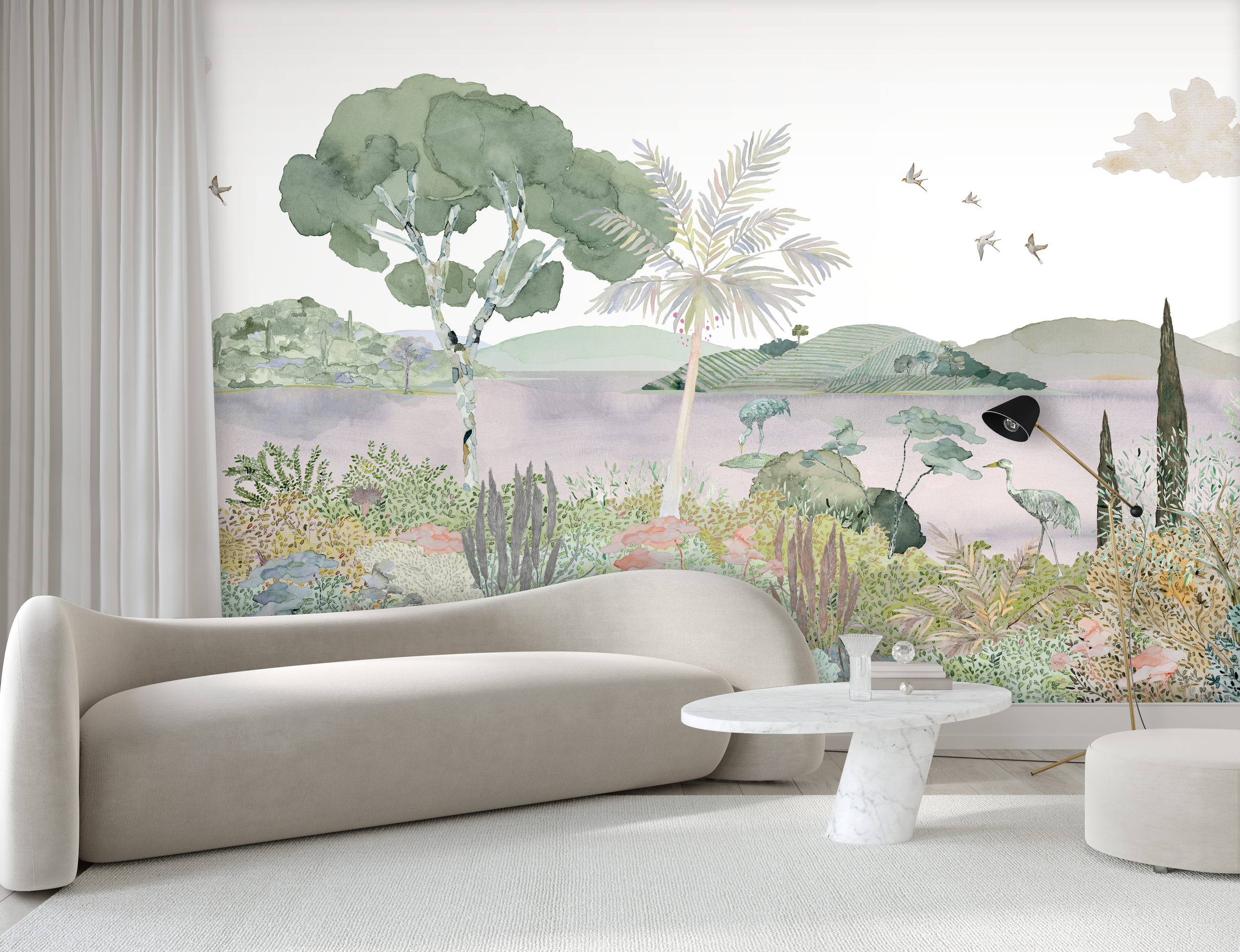 LAGUNA_Kariokas_Wallpaper_Panoramic_Pink_White_Birds_Living_Room.png