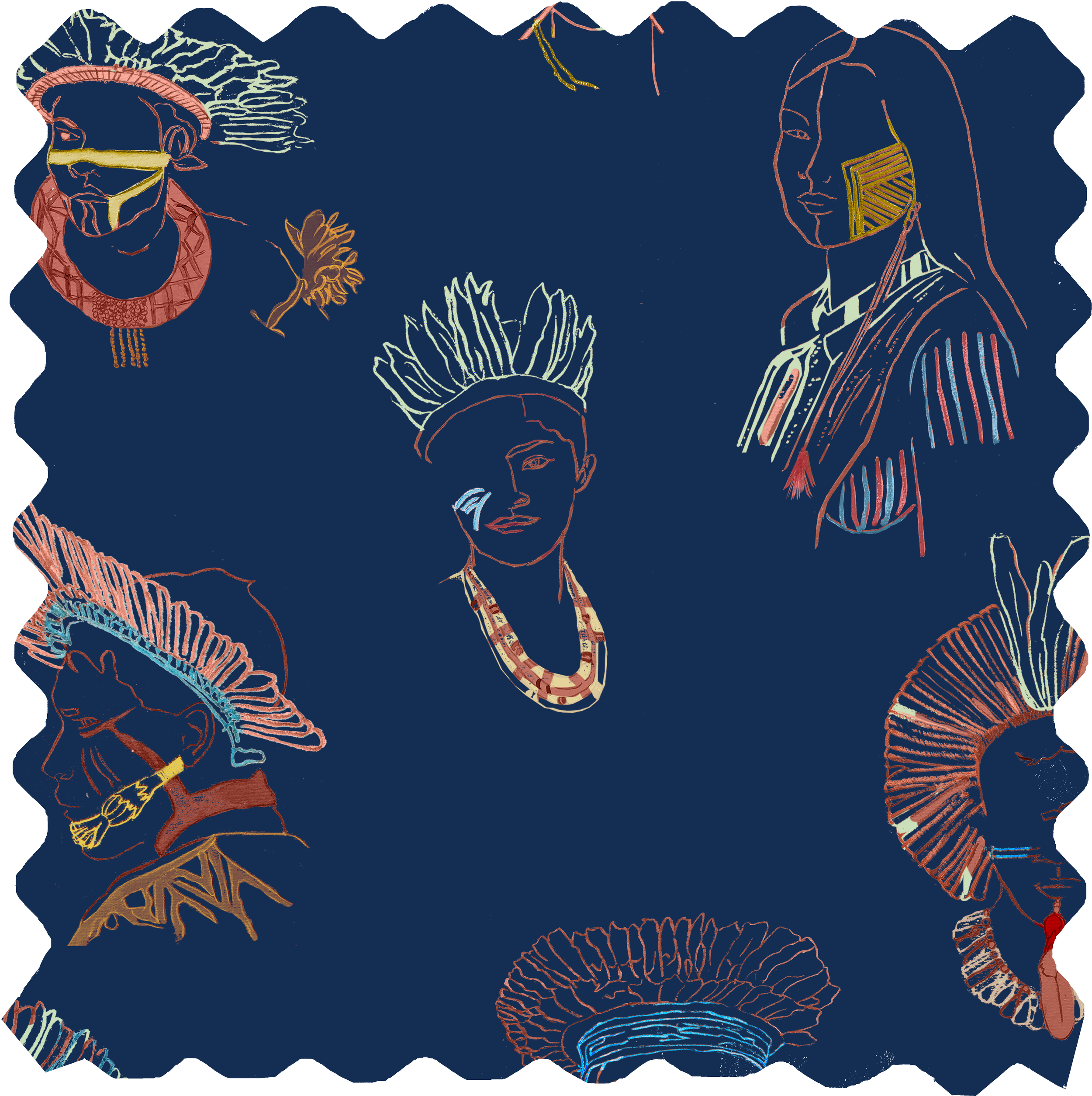 Cinco Fabric - Indigenous peoples on Dark Blue
