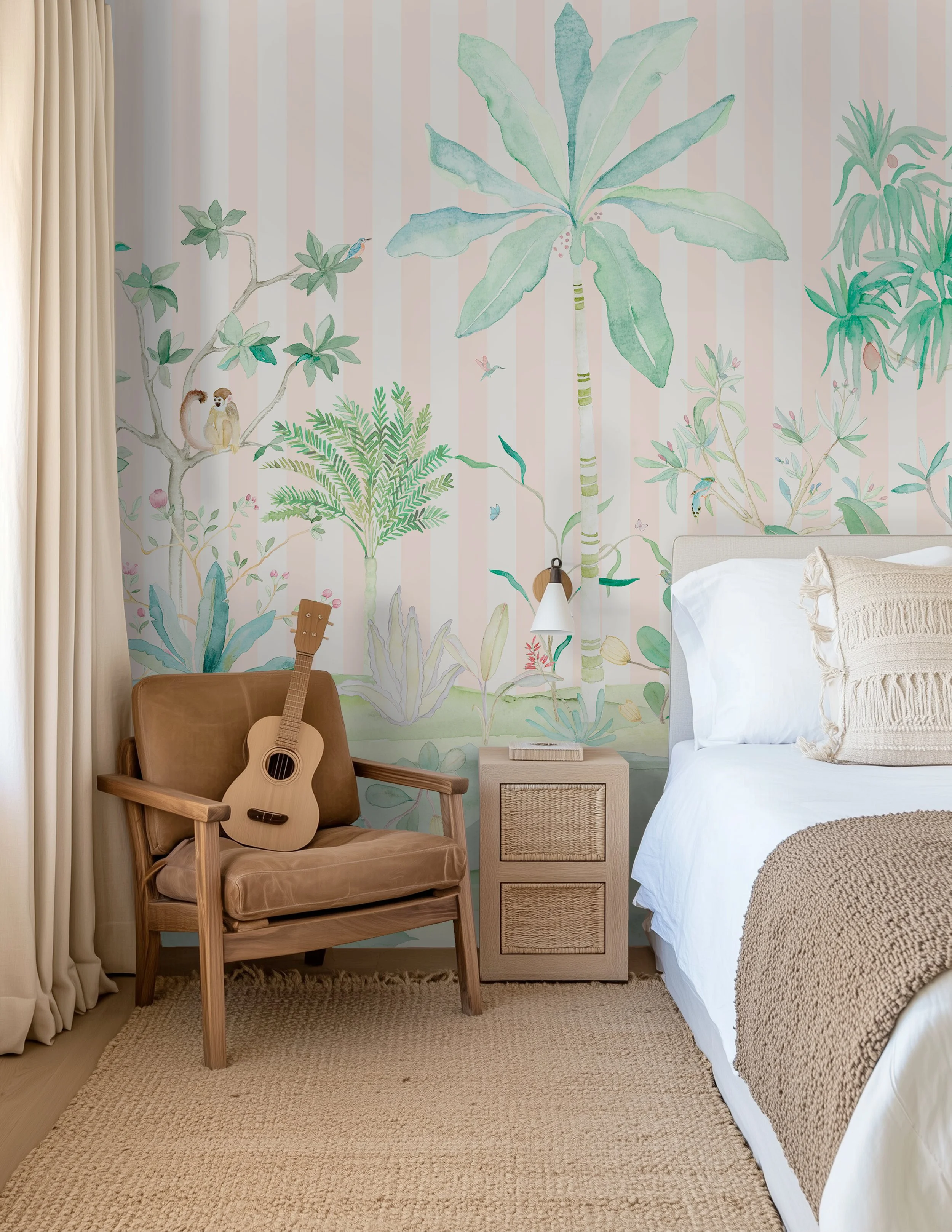 Panoramic Wallpaper Botanical Jungle with Stripes (Pink/Blue)