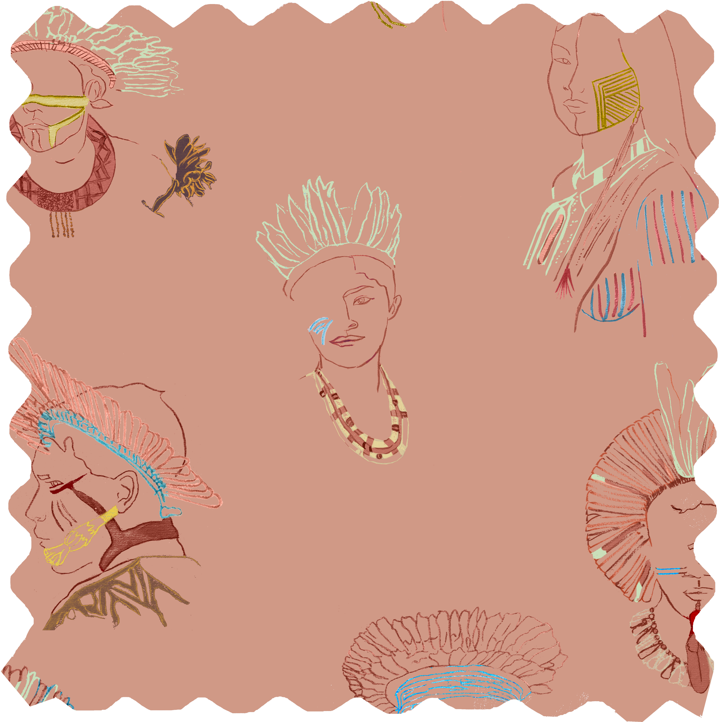 Cinco Fabric - Indigenous peoples on Terracotta