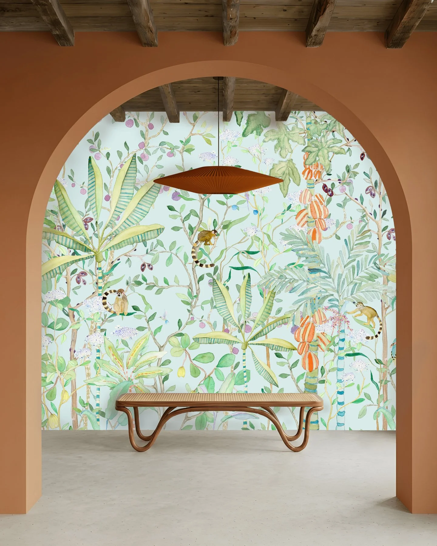 TROPICALIA_Kariokas_Wallpaper_Panoramic_Turquoise_Monkeys_Birds_Hall.jpg