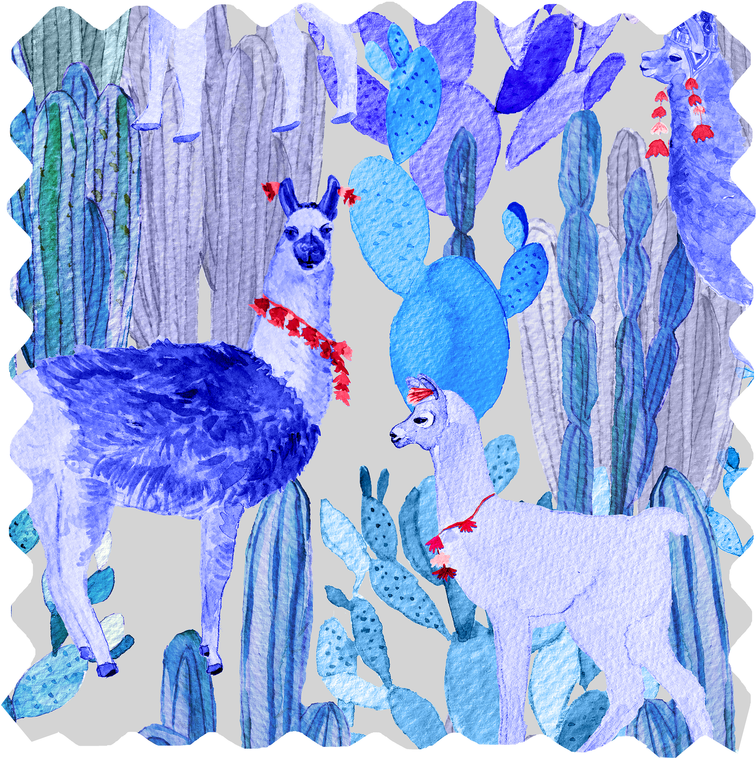Altiplano Fabric - Blue Lamas on Light Beige