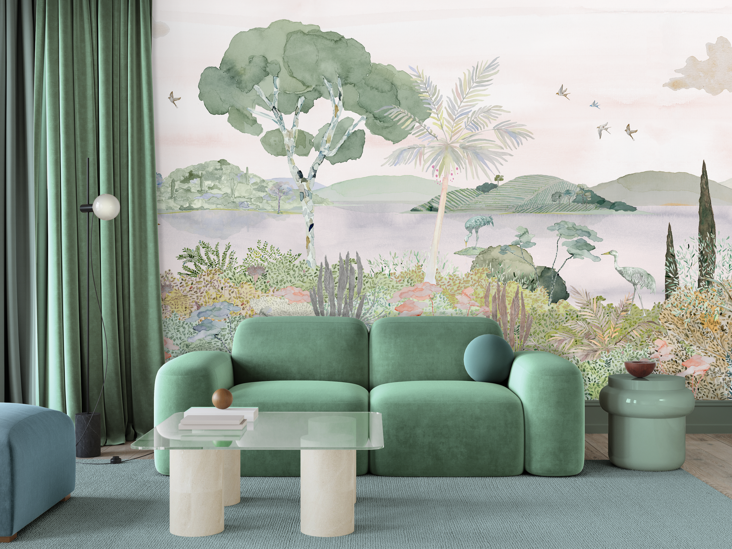 LAGUNA_Kariokas_Wallpaper_Panoramic_Pink_Birds_Living_Room2.png