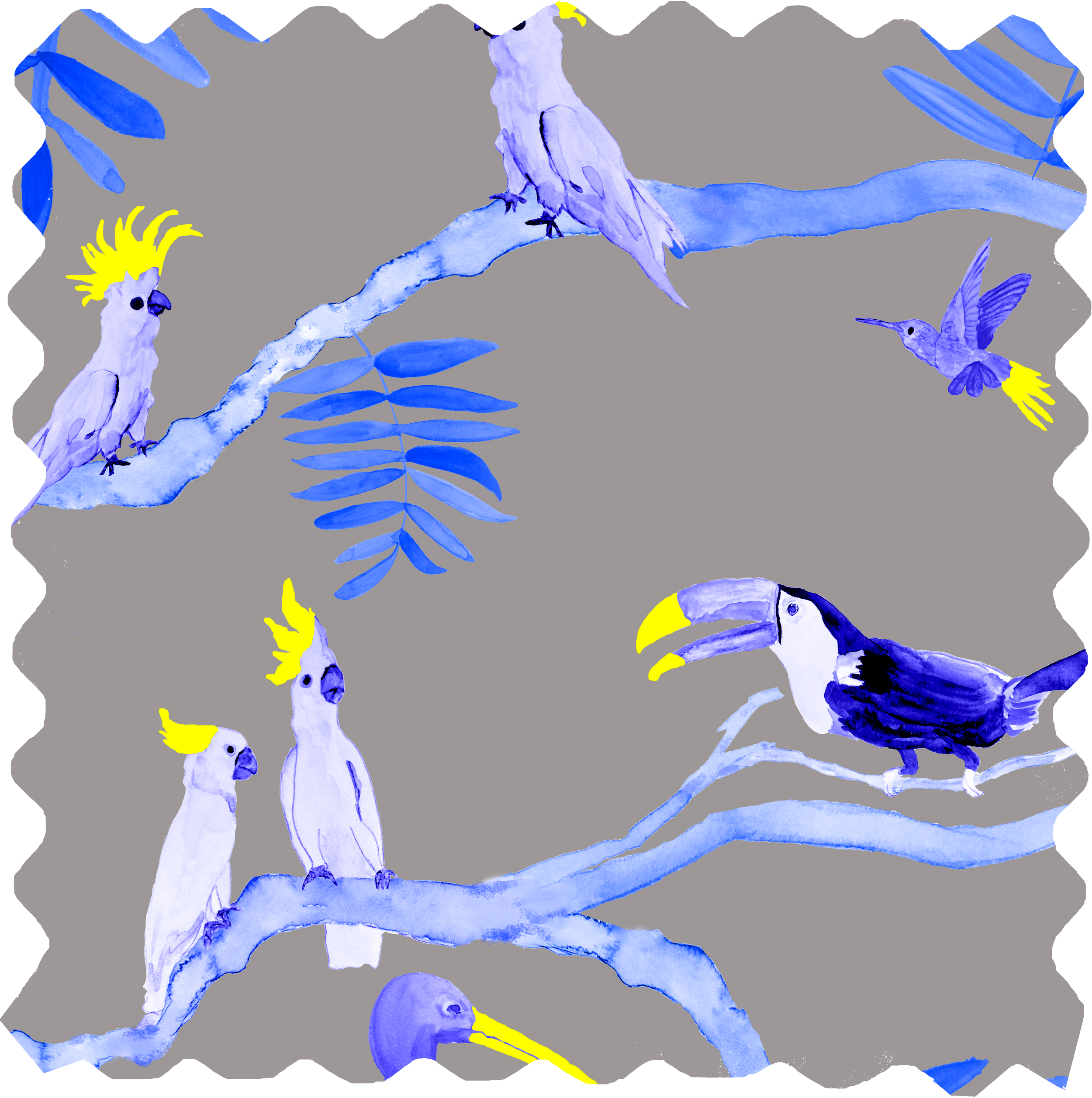 Pantanal Fabric - Blue & Yellow Toucans on Grey