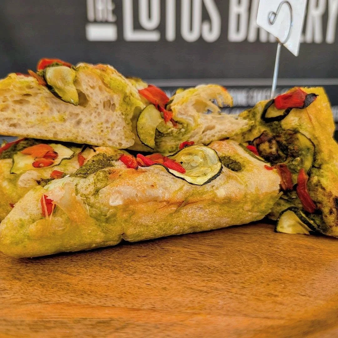 Focaccia goals right here at @global_birdfair 💫💪love making this atm! Mediterranean vibes with basil pesto, grilled red peppers and sauteed courgettes 🤌here in Heron marquee til 5 today, come come! #focaccia #lunch