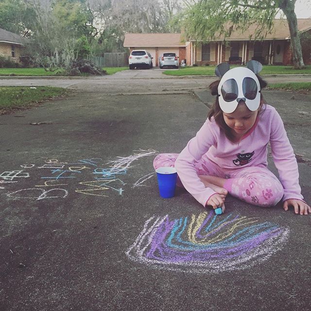 There's a panda in pajamas drawing a rainbow in my driveway. 🌈 #katiefart