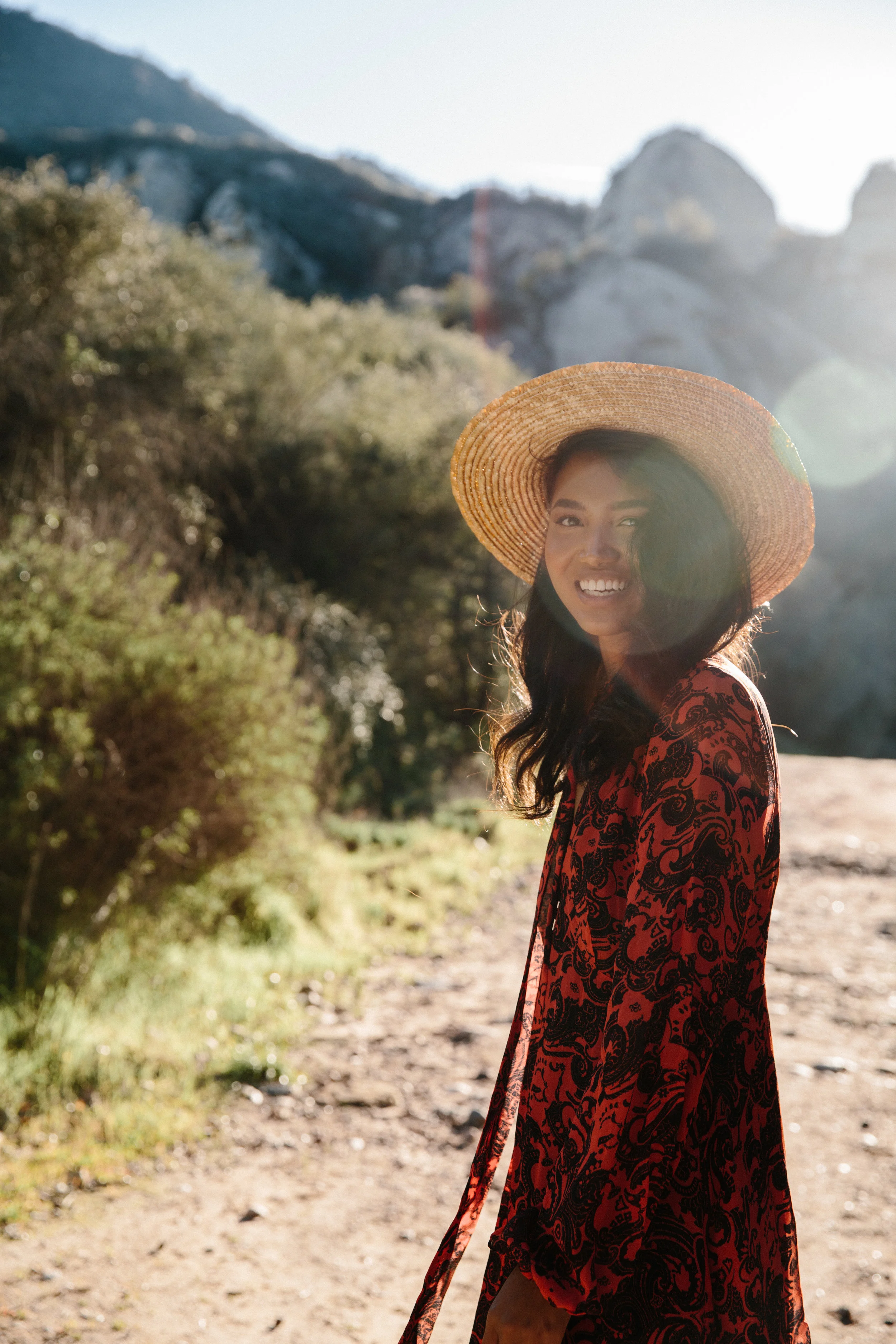 Nikki Joiner wears the Stella Mini in red and black paisley for out SS19 campaign.