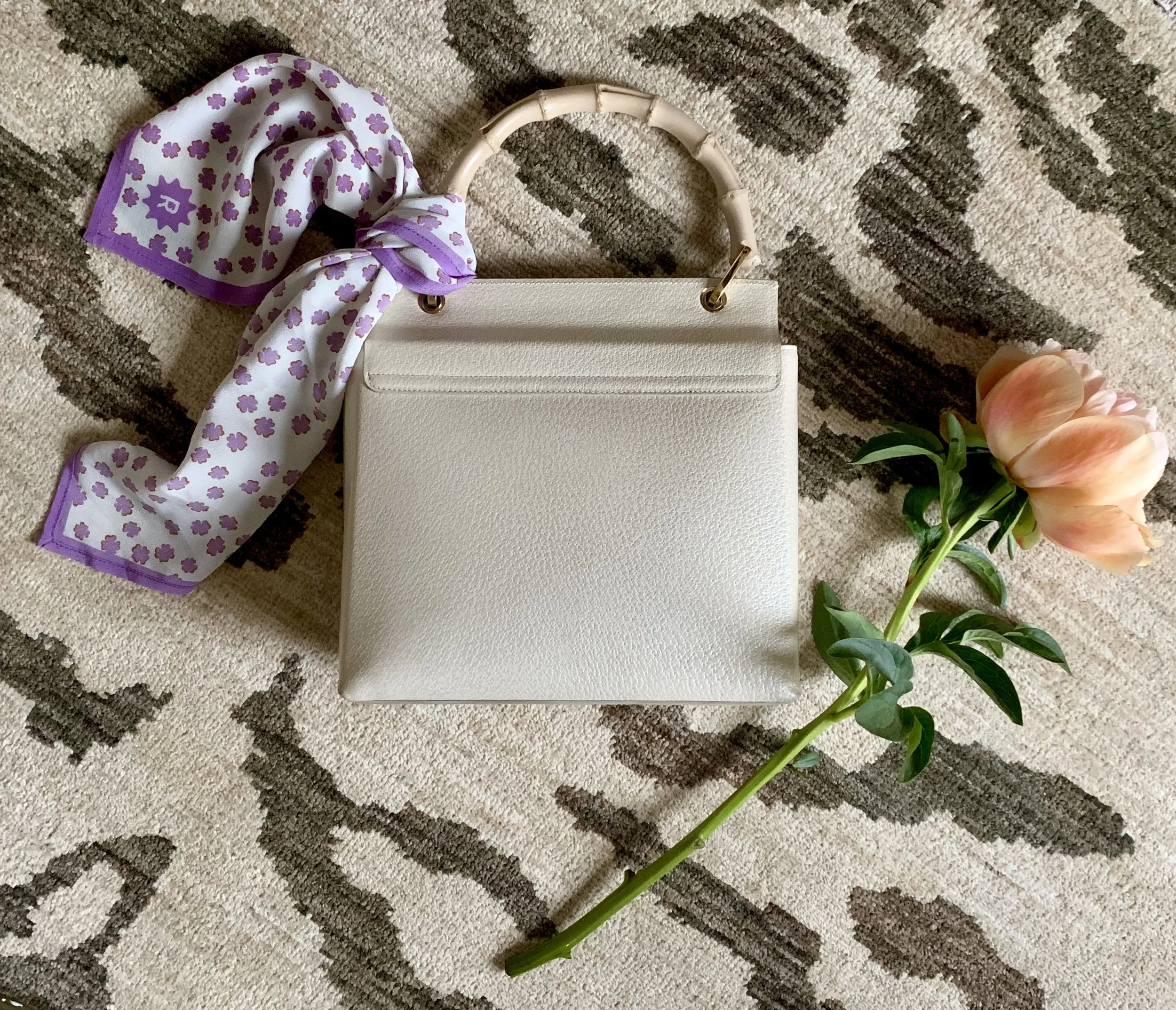 RADISH Lucky Clover silk scarf and vintage bambo handle handbag from at selection at Laura von Behr Vintage.