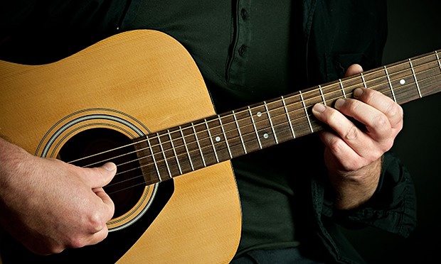 Traditional Guitar Playing Example ( source ) Notice the under-neck playing position and vertical frets.
