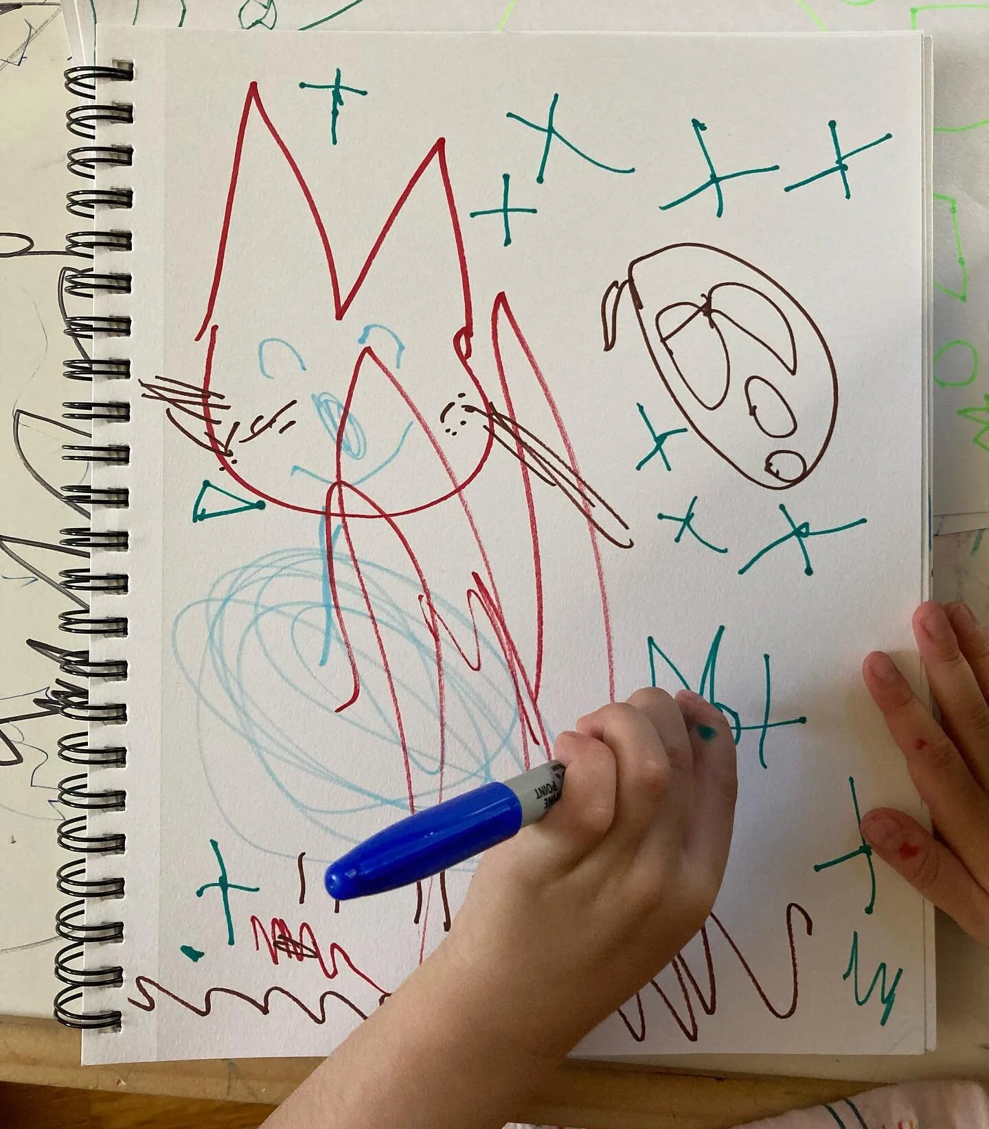 When I first started the ‘kittens’ layer on the painting Claudia requested, I marked Xs where each kitten would go. During yesterday’s drawing time, she used the same method to mark where each of the 15 kittens in her drawing would