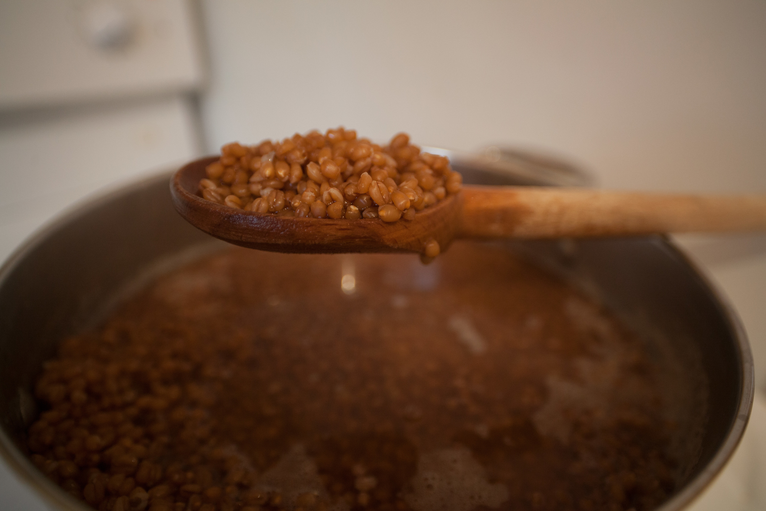 Monitor your wheat berries until you get a nice chewy consistency, don't let those babies boil away to mush. 