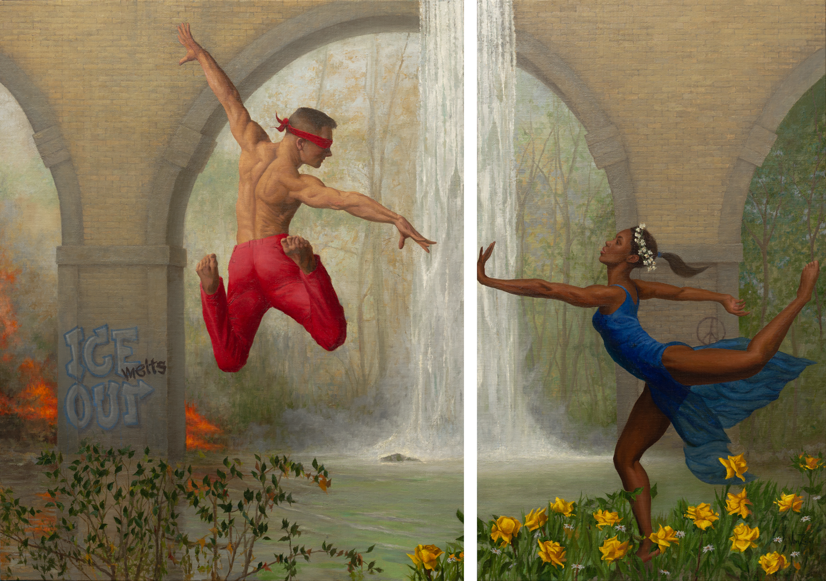   Dancing with Nature , 2026, Oil on linen wrapped panel, Diptych (70x50”) 