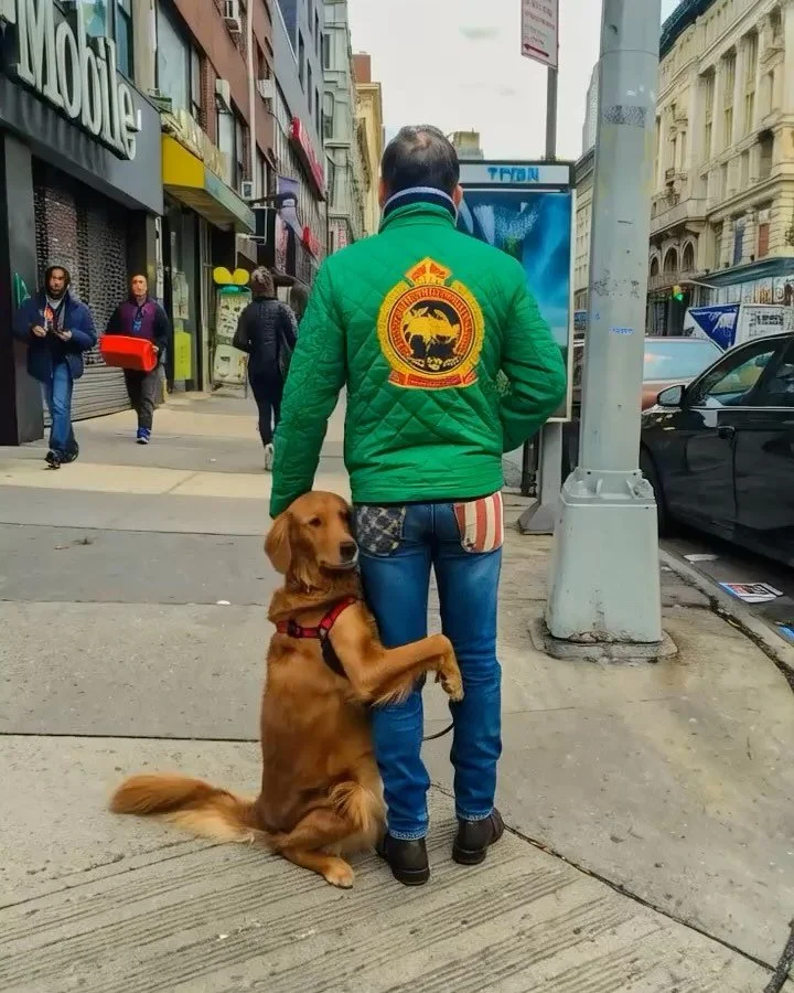 I love this photo I took a long time ago in #nyc and had #ai image it in video.  #dogphotography #streetphotography #iPhonephotography #doghug #pet photography #urbanphotography #animallove #candidmoments #streetdogs #heartwarmingmoments #photography