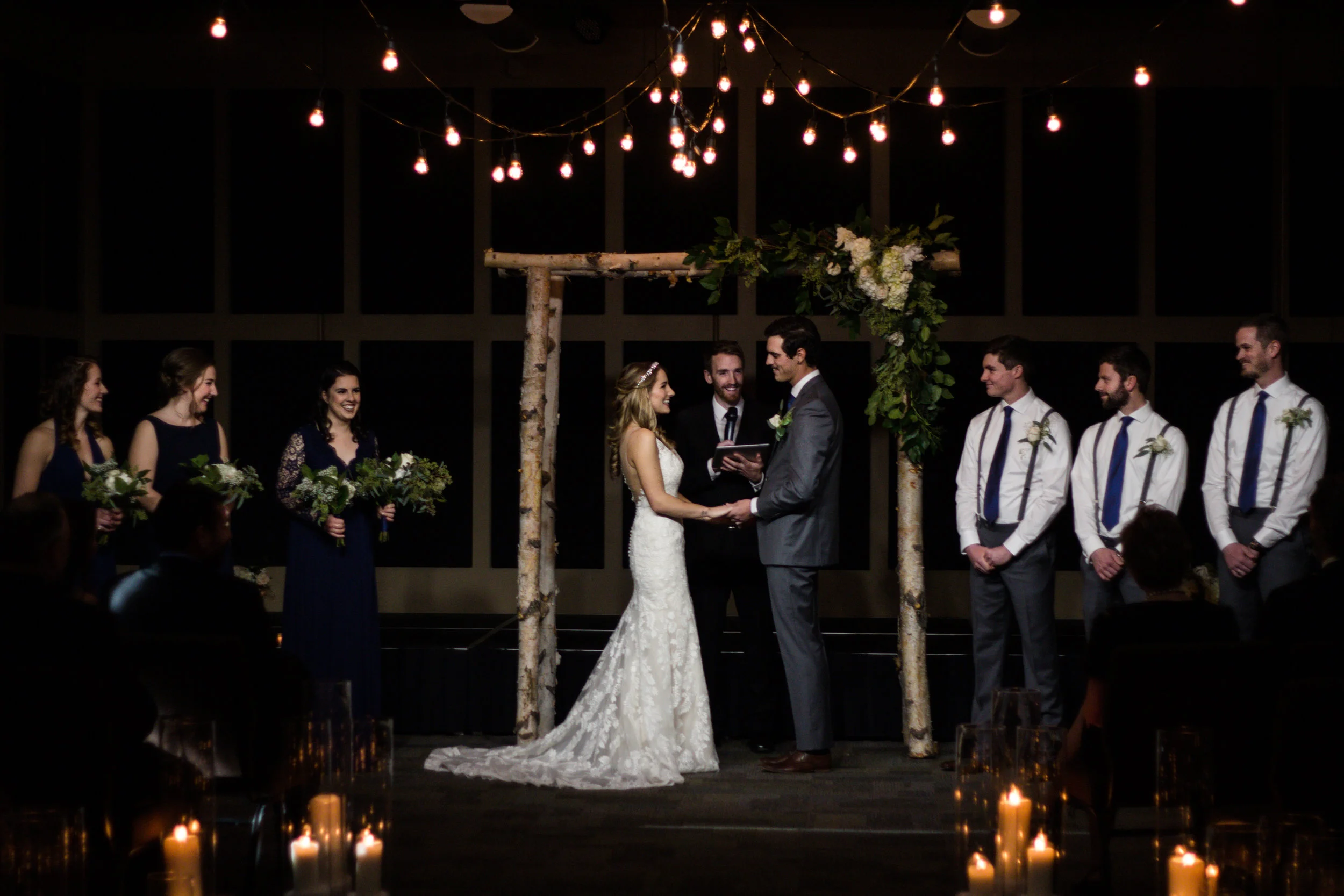 The stunning birch arch was created by the Father of the Bride and it was also used as part of the Reception decor.