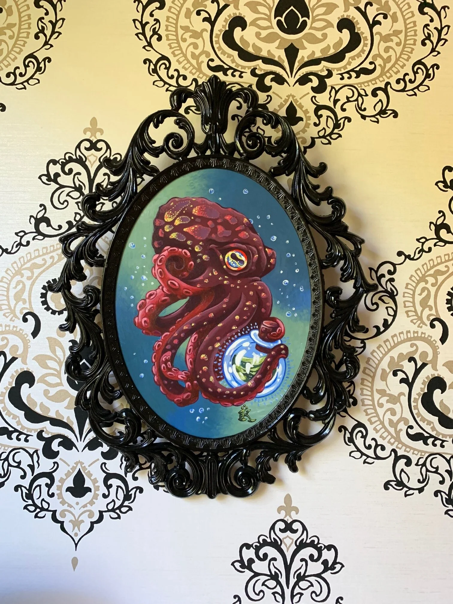 "Octopus and Anecdote", Acrylic on wood panel, 6" X 9", 2018, SOLD, Print Available
