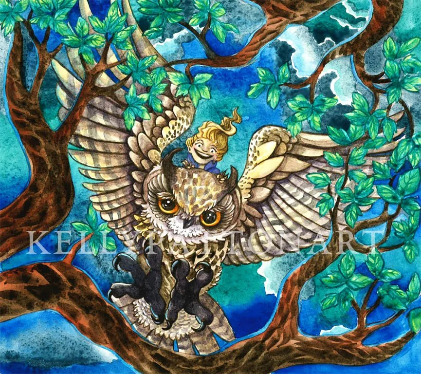  “Owl Flight” watercolor illustration 