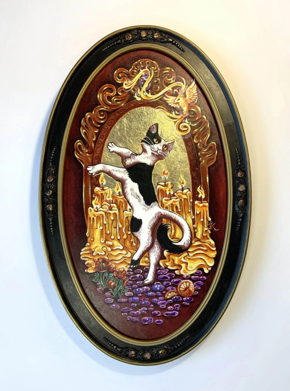 "Sun Catcher" acrylic and gold leaf in vintage frame, 14" x 18"