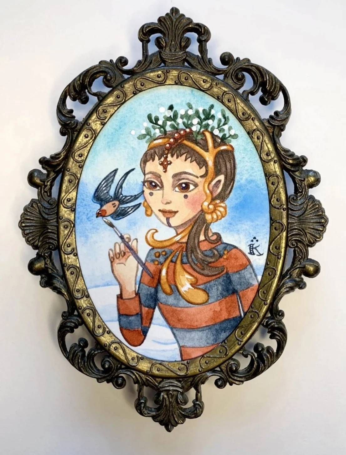 "Sacred Bird" watercolor in vintage frame, 3" x 4"