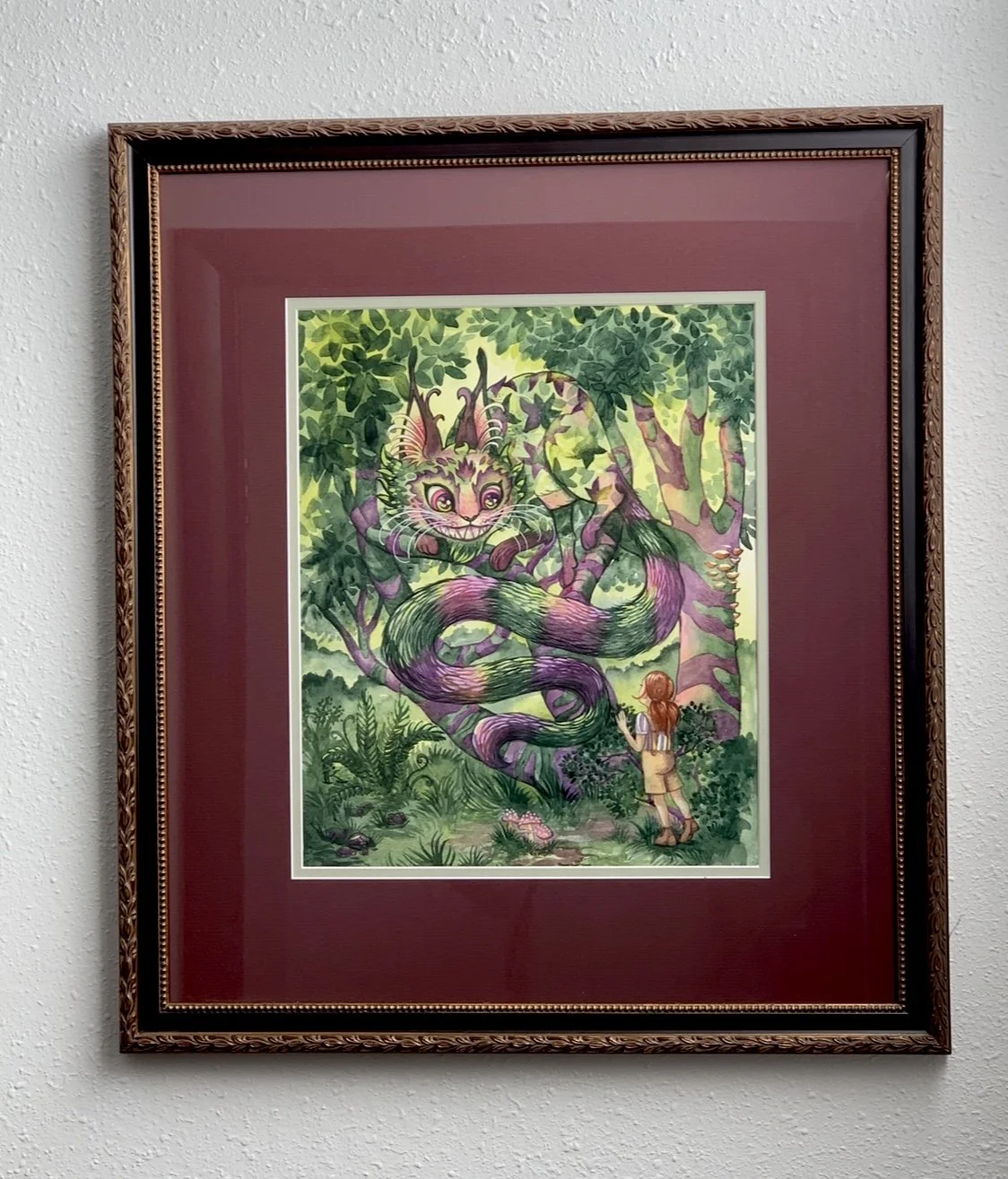 "Cheshire Cat" watercolor in frame, 16" x 20"