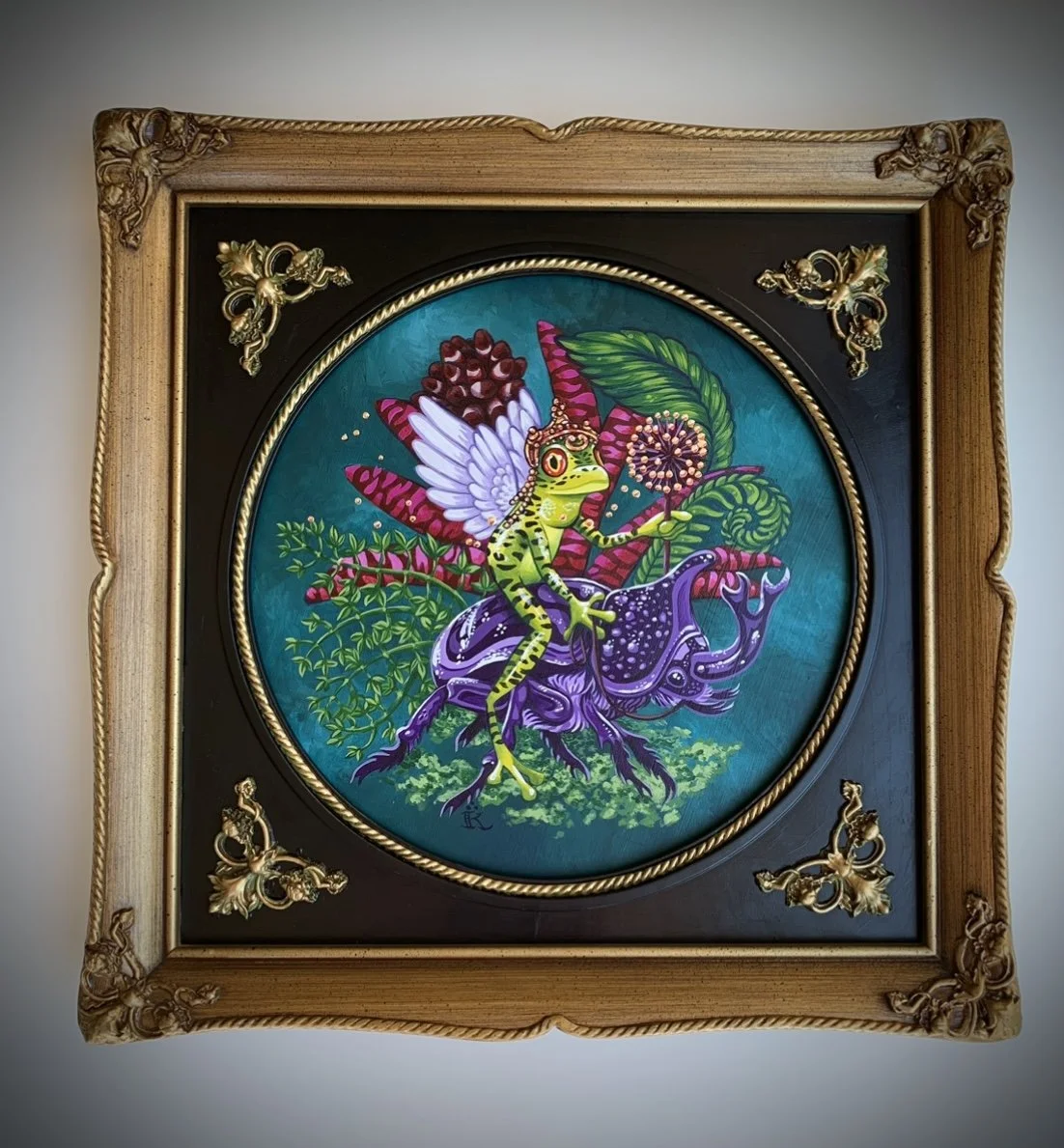 "Frog Prince" acrylic and gold leaf in vintage frame, 12" x 12"